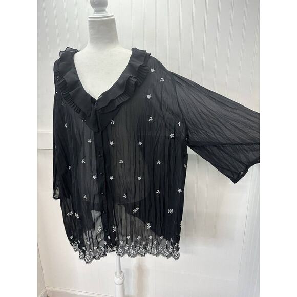 Maggie Barnes Semi Sheer Blouse 2X Button Up Black Floral Ruffle Collar *Flaw - Picture 2 of 11